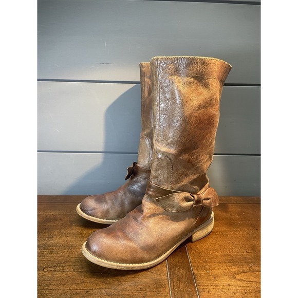 Miss Albright Shoes - Miss Albright Mid Calf Leather Side Strap Bow Light Brown/Tan Womens 6.5 Boots